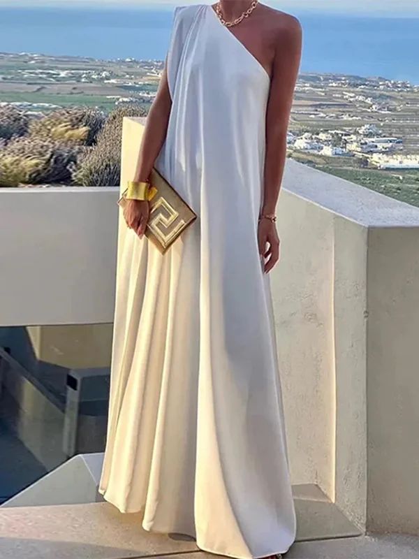 UOOZEE One Shoulder Solid Color Dress For Summer, Summer Solid Color One Shoulder Dress, Elegant One Shoulder Dress For Vacation, Elegant Beach Maxi Dress With Asymmetrical Neckline, Elegant One Shoulder Summer Dress For Vacation, Chic One Shoulder Solid Maxi Dress, Elegant One-shoulder Summer Dress For Vacation, Chic Solid Color One Shoulder Maxi Dress, Elegant Asymmetrical Neckline Maxi Dress For Beach