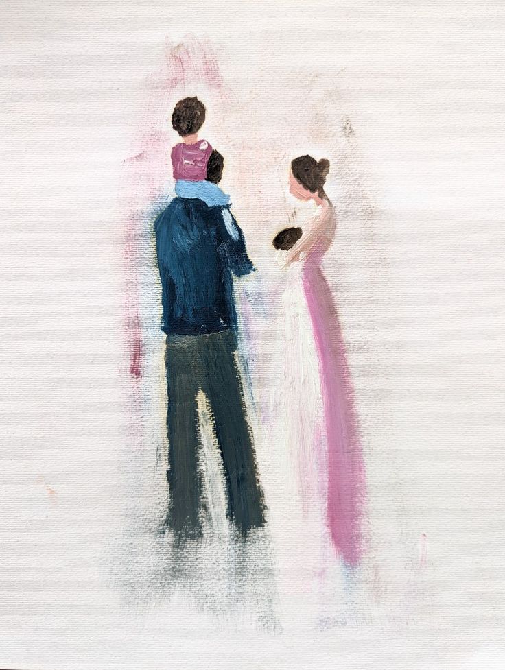 a painting of a man and woman holding each other's hands while standing in front of a white wall