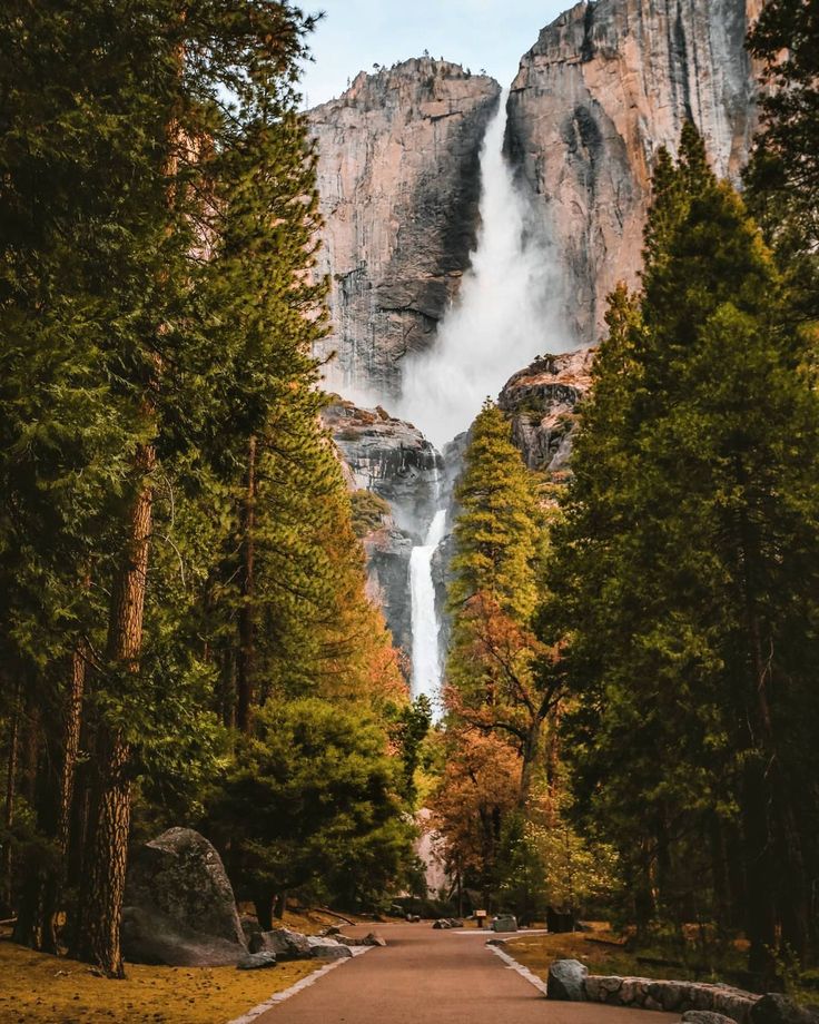 the road is surrounded by tall trees and mountains with a waterfall coming out of it