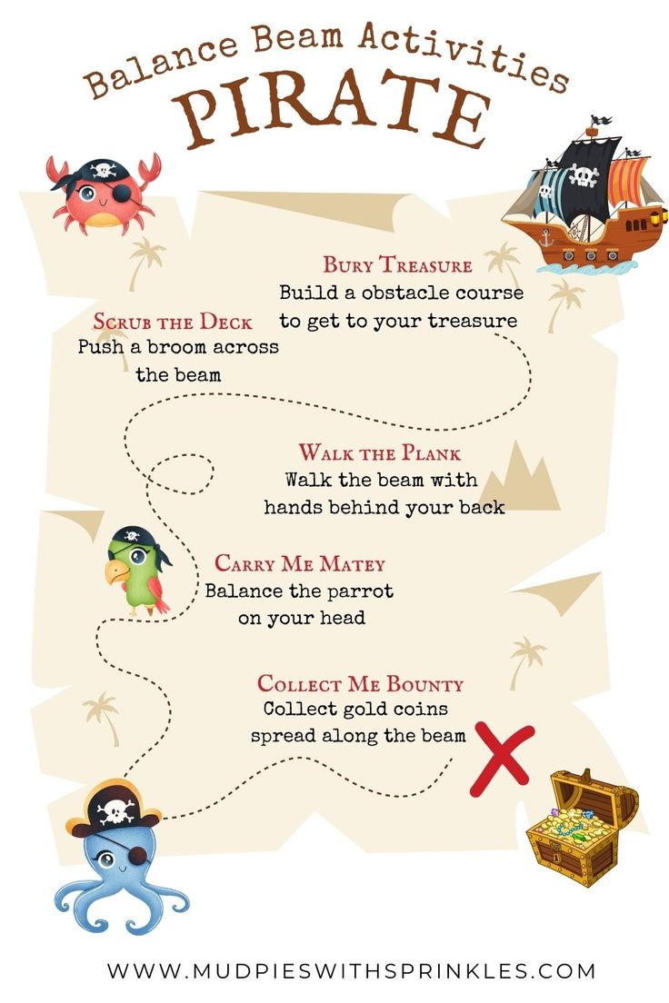 A document including balance beam activities that are pirate-themed. Each activity is listed on a tattered treasure map with images of a pirate crab, octopus, parrot, and ship. Pirate Theme Obstacle Course, Pirate Theme Kindergarten, Pirate Gross Motor Activities, Preschool Pirate Activities, Balance Beam Activities, Pirate Activities Preschool, Diy Balance Beam, Summer School Themes, Pirate Craft