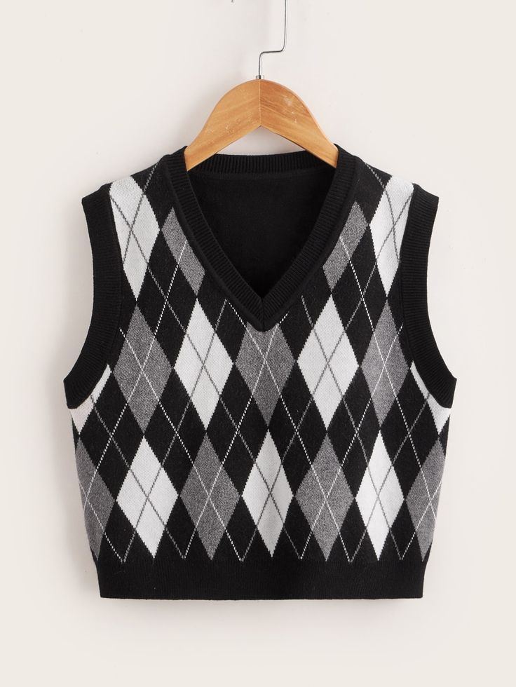 Tween Girl Argyle Pattern Sweater Vest Black and White Casual  Sleeveless Fabric Geometric Pullovers Slight Stretch Spring/Fall Tween Girls Clothing, size features are:Bust: ,Length: ,Sleeve Length: Preppy Vest, Plaid Sweater Vest, Argyle Vest, Estilo Harajuku, Argyle Sweater Vest, Fashion Top Outfits, Cute Dress Outfits, Girls Fall Outfits, Argyle Pattern