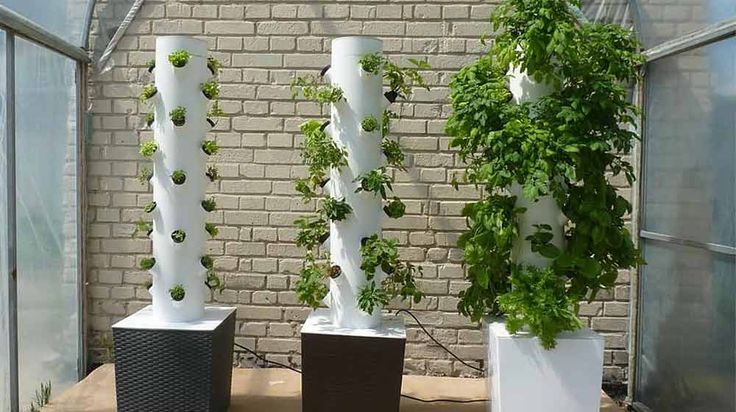 three planters with plants growing out of them on a table in front of a brick wall