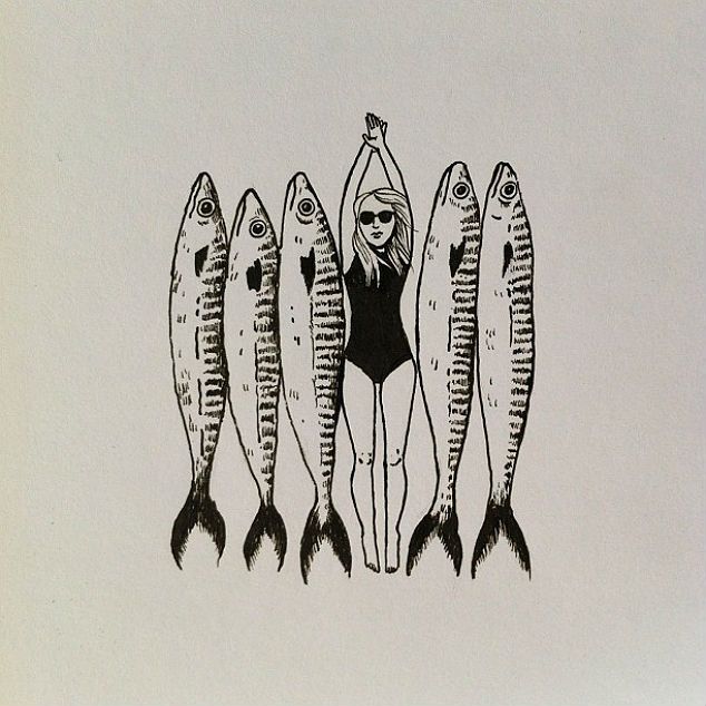 a woman in a bathing suit standing between five fish with her hands on her hips