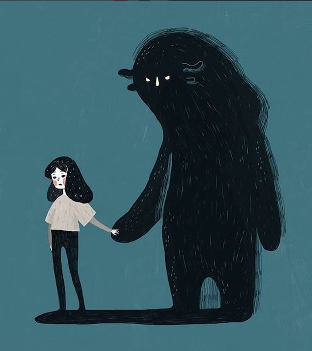 a woman holding the hand of a giant black bear in front of a blue background