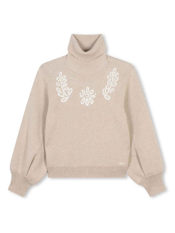 beige cotton jumper organic cotton knitted design front logo embroidery embroidery with slogan high neck long sleeves ribbed hem and cuffs straight hemComposition: Cotton, 100% Beige Faux Fur Coat, Embroidered Turtle, Fleece Denim Jacket, Chloe Kids, Denim Shoulder Bags, Cotton Jumper, Feminine Chic, Turtle Neck Sweater, Roll Neck Sweater