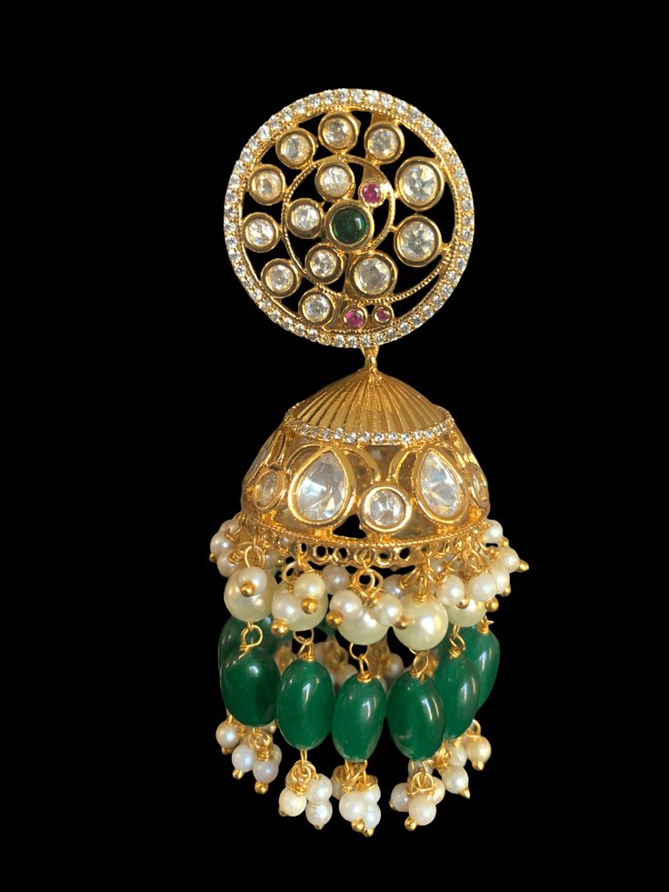 Ready to ship polki jhumka made using cz polki with gold plating shell pearls and monalisa beads used length 3 inches Green Temple Jewelry Chandbalis With Stone Work, Green Stone Work Temple Jewelry Danglers, Green Chandbalis With Stone Work In Temple Style, Green Kundan Danglers With Stone Work, Heavy Green Kundan Chandbalis, Green Kundan Danglers With Cutdana, Green Kundan Necklace With Latkans, Green Kundan Jhumkas For Festive Occasions, Festive Green Stone Work Jhumkas