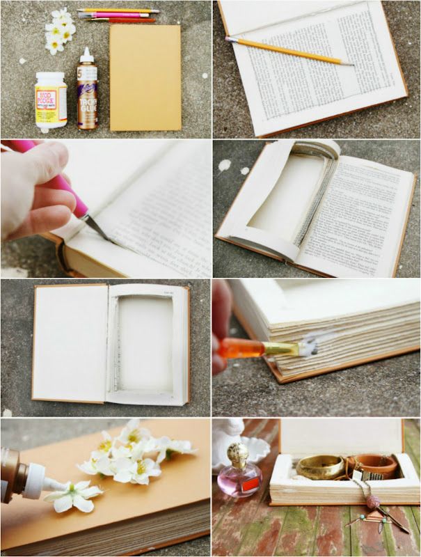 the process of making an open book with flowers and pencils is shown in pictures