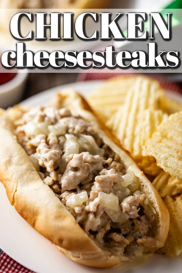 chicken cheesesteaks on a plate with chips