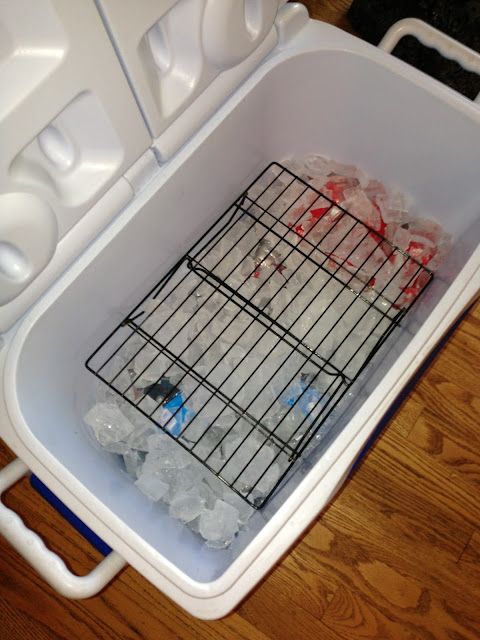 a cage filled with plastic bottles and water on top of a wooden floor next to a microwave oven