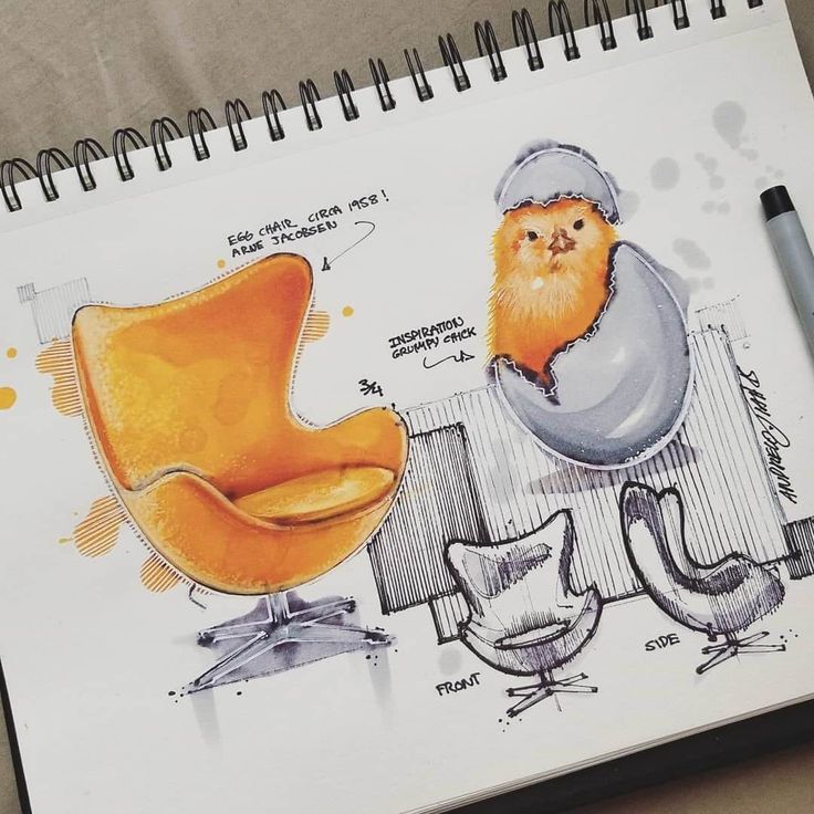 a drawing of a chair and a chicken sitting on top of a desk next to each other