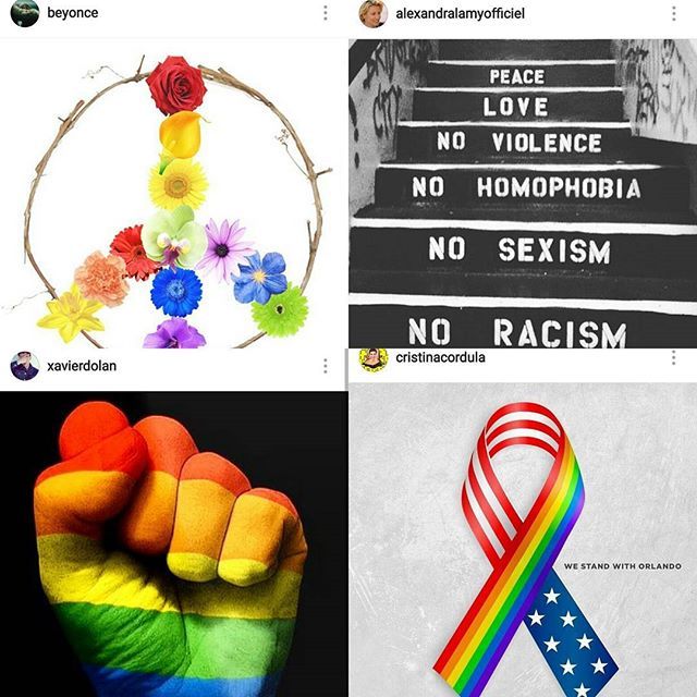 four different images with the same person holding a rainbow ribbon and flowers on top of them