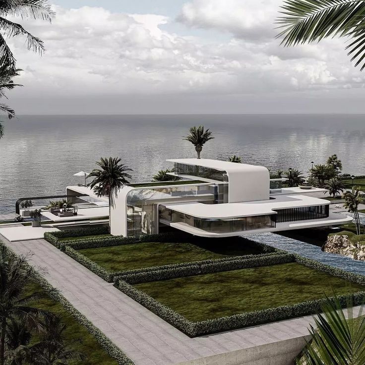 an artist's rendering of a modern house by the ocean with grass and palm trees