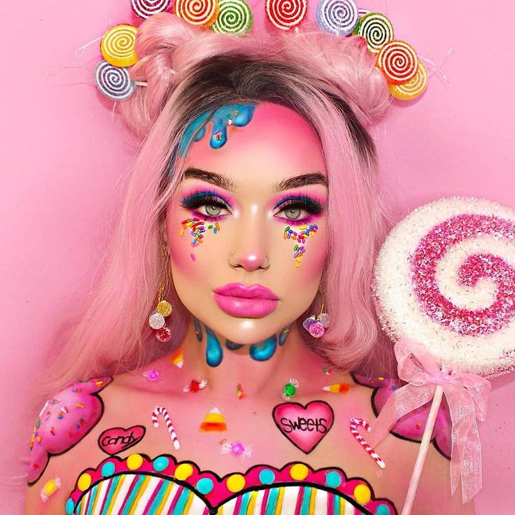 Karneval Diy, Candy Queen, Candy Photoshoot, Candy Makeup, Halloween Makeup Pretty, Wholesale Makeup, Candy Hair, Face Art Makeup, Halloween Makeup Inspiration