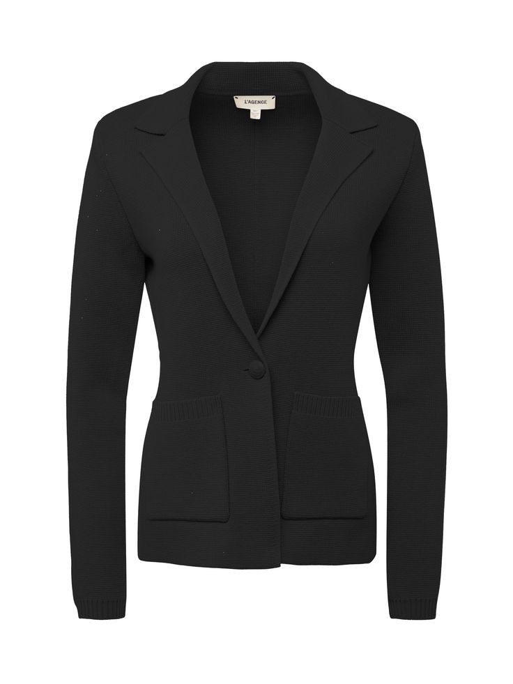 An effortlessly chic knit blazer in black. Classic tailored details like lapels and patch pockets complement soft, luxurious knit done in a lightly textured stitch. Clean silhouette tapers at waist for a flatteringly sleek fit. Tonal embossed-dome button closure. Elegant Formal Cardigan With Lapel Collar, Elegant Single Breasted Cardigan For Business Casual, Elegant Lapel Collar Cardigan For Work, Elegant Cardigan With Lapel Collar For Workwear, Elegant Lapel Collar Cardigan For Office, Classic Office Cardigan With Lapel Collar, Single Breasted Lapel Collar Cardigan For Work, Single Breasted Lapel Collar Cardigan For Office, Elegant Fitted Single Breasted Cardigan