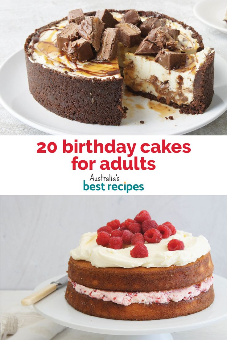 two birthday cakes for adults with raspberries on top and the words 20 birthday cakes for adults