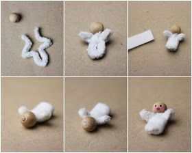 four different pictures of stuffed animals made out of wool and cotton balls, including one with a wooden ball