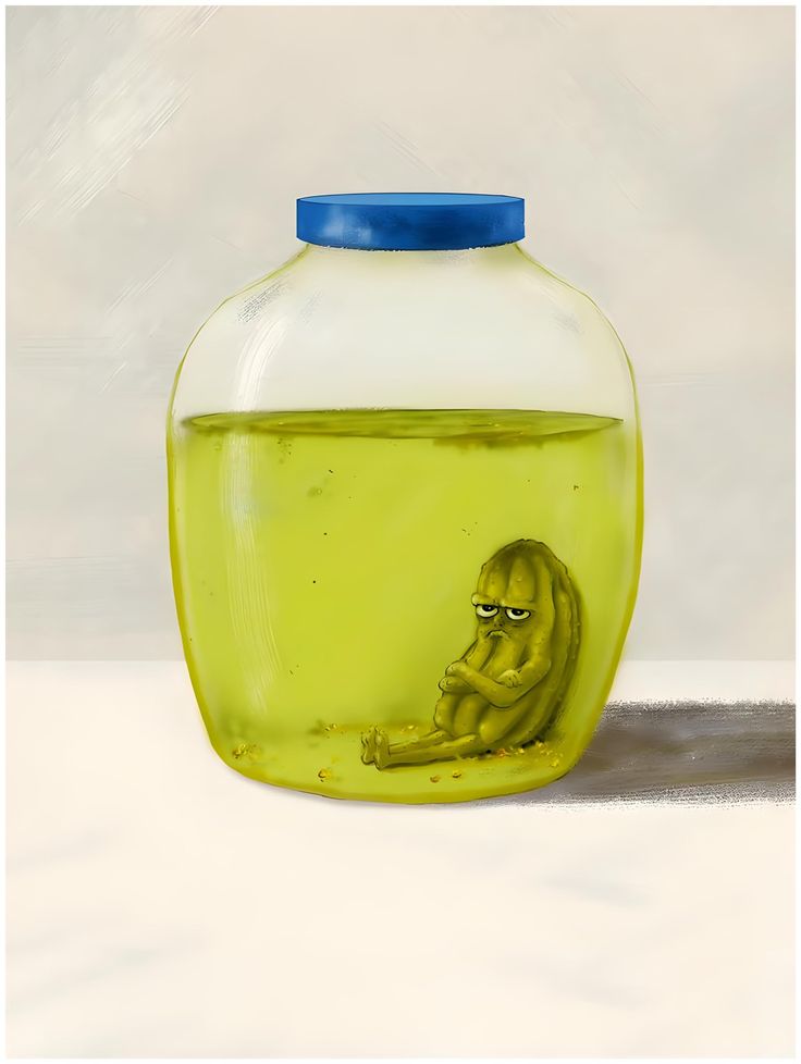 a painting of a green liquid jar with an image of a person sitting on the ground