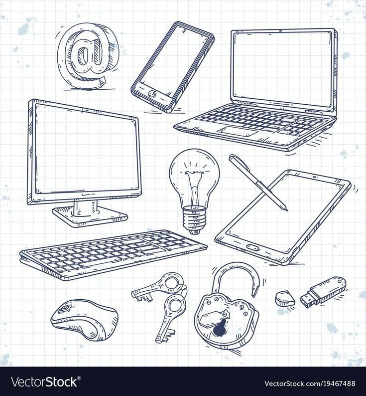 various electronic devices and gadgets drawn on paper