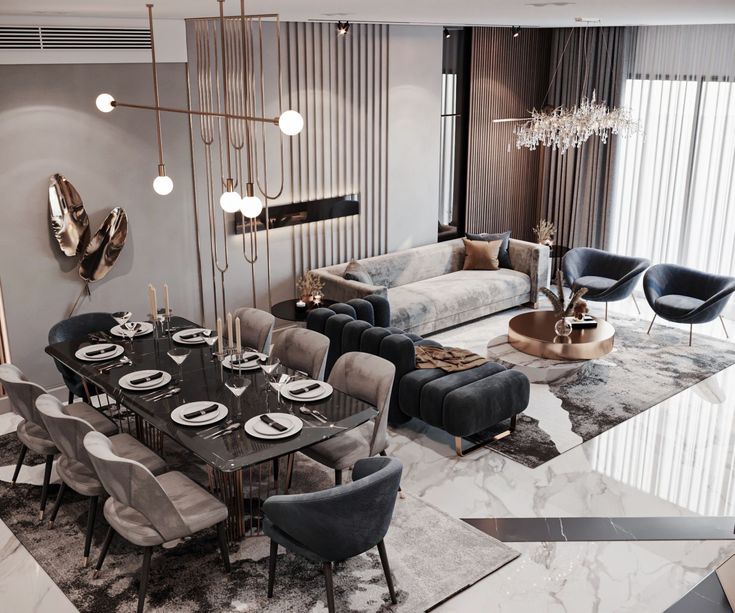 an elegant dining room with marble flooring and modern furniture in grey tones, along with large windows