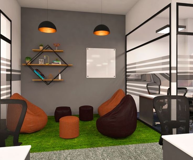 the office is decorated in modern style with orange and black chairs, bookshelves, and shelves