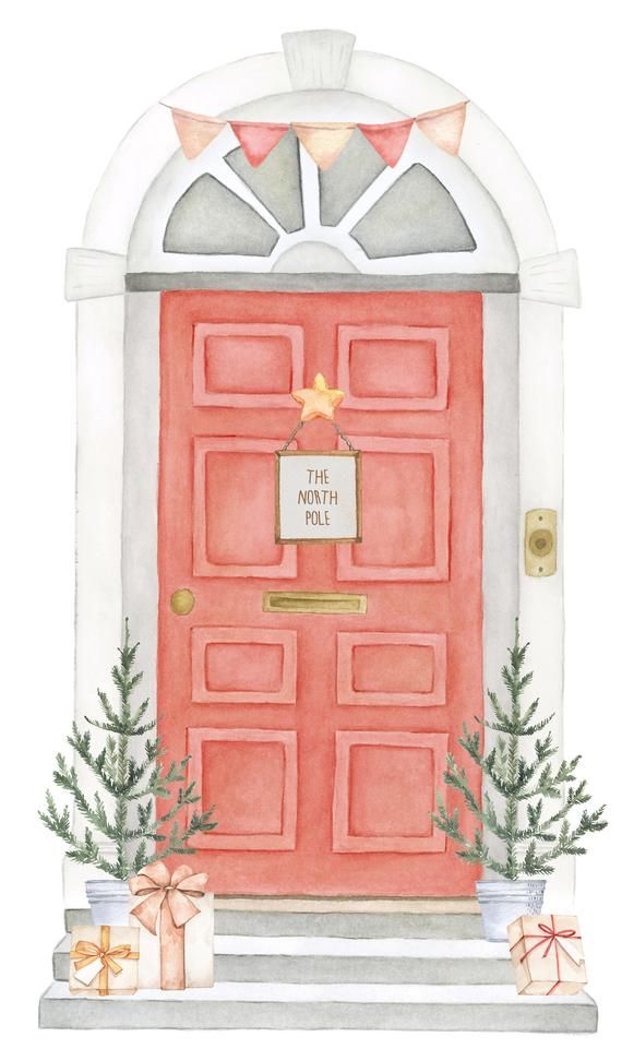 a watercolor painting of a red door with presents