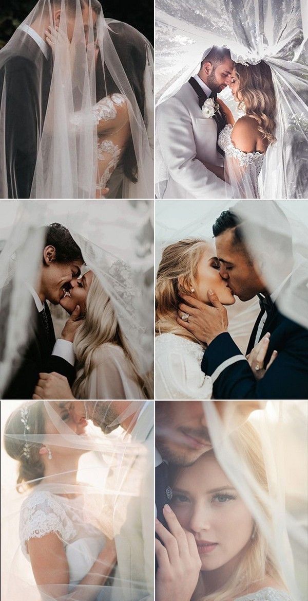 the bride and groom are kissing in their wedding photo collages with white veils