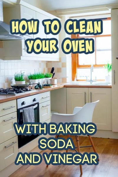 a kitchen with an oven, sink and counter top in the middle of it that says how to clean your oven with baking soda and vinegar