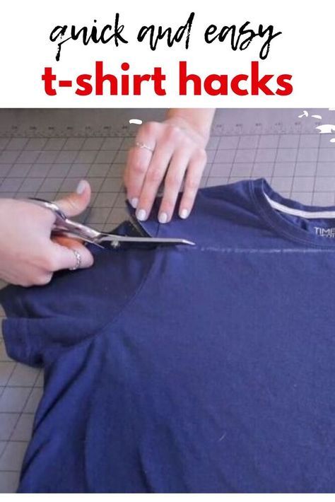 someone cutting up a t - shirt with scissors on top of a table next to the words, quick and easy t - shirt hacks