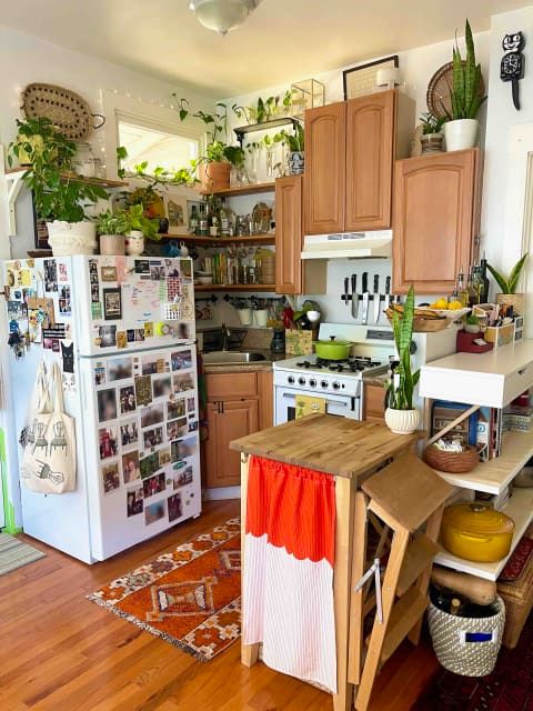 a kitchen with wooden floors and lots of plants on the counter top in front of the refrigerator