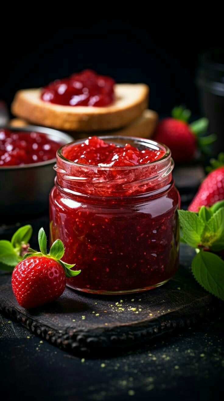 strawberry jam in a jar with fresh strawberries around it