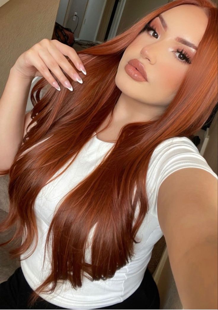 Cowboy Copper On Blonde Hair, Outfits With Copper Hair, Cooper Orange Hair, Sizzling Copper Hair Loreal, Auburn Eyebrows, Cowgirl Red Hair, Hair Color Ideas For Light Skin Tones, Ginger Hair On Latina, Ginger Hair On Tan Skin