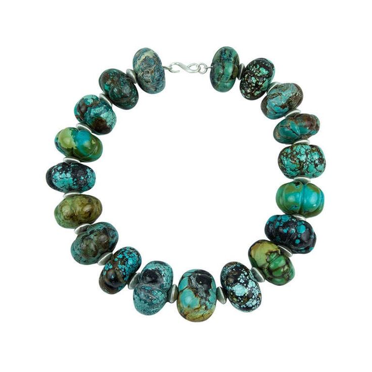 Sensational large Carved Natural Turquoise Beads Necklace inter-spaced with Sterling Silver rondelles, comprising nineteen turquoise rondelle shaped beads, each measuring approx. 32mm x 20mm, 35mm x 26mm, 36mm x 22mm etc… A show stopper that’s clearly perfect for dressing up your outfit! Vintage Turquoise Jewelry, Rock Crystal Necklace, Silver Ball Necklace, Silver Turquoise Jewelry, Large Beads, Statement Choker, Turquoise Bead Necklaces, Statement Choker Necklace, Sterling Silver Flowers