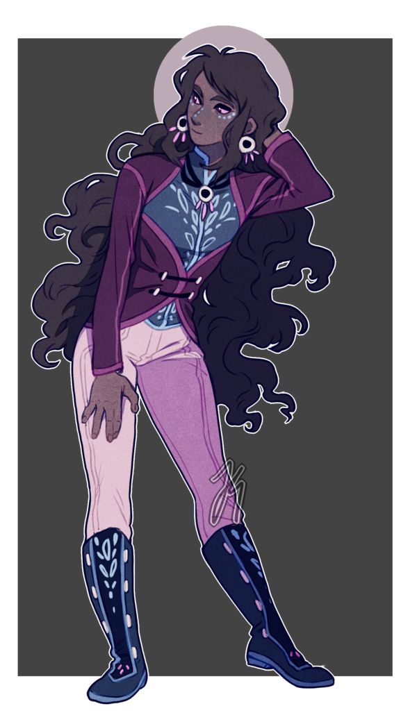 a drawing of a woman with long black hair and purple pants, standing in front of a