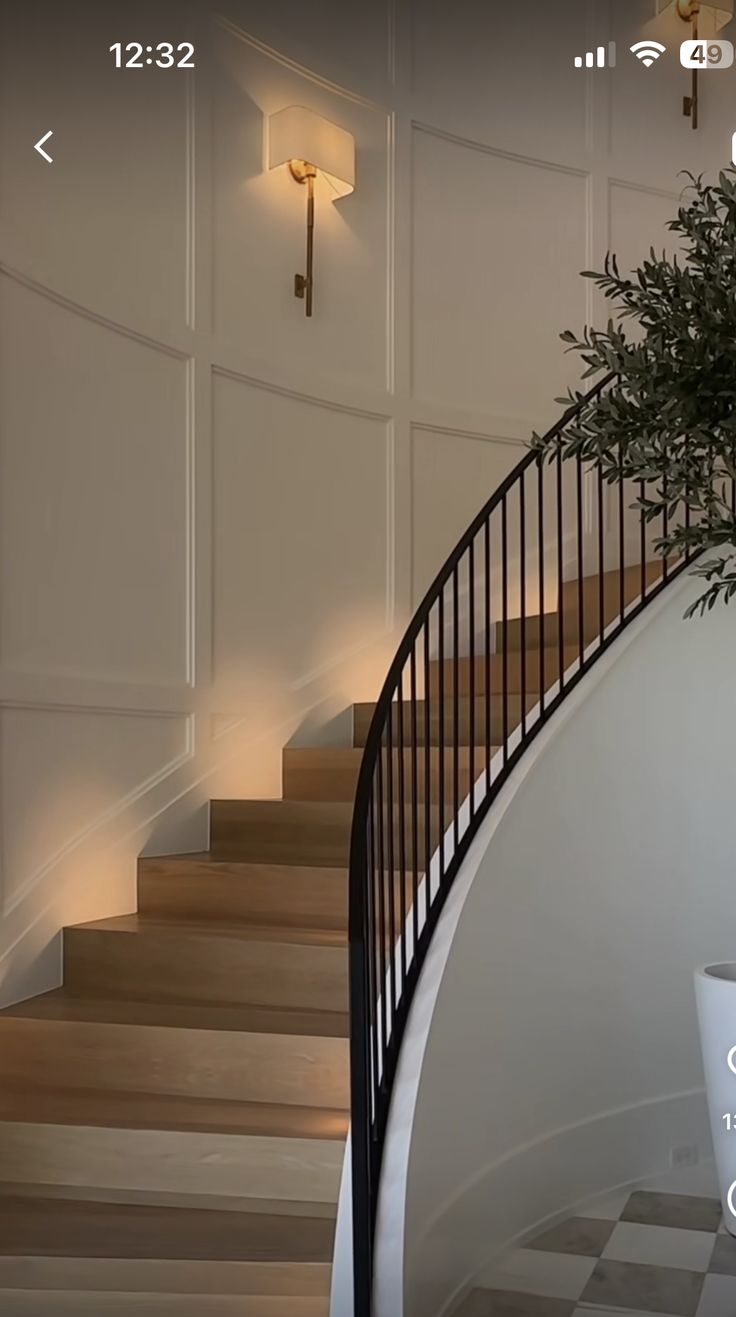 a plant in a vase sitting on top of a stair case