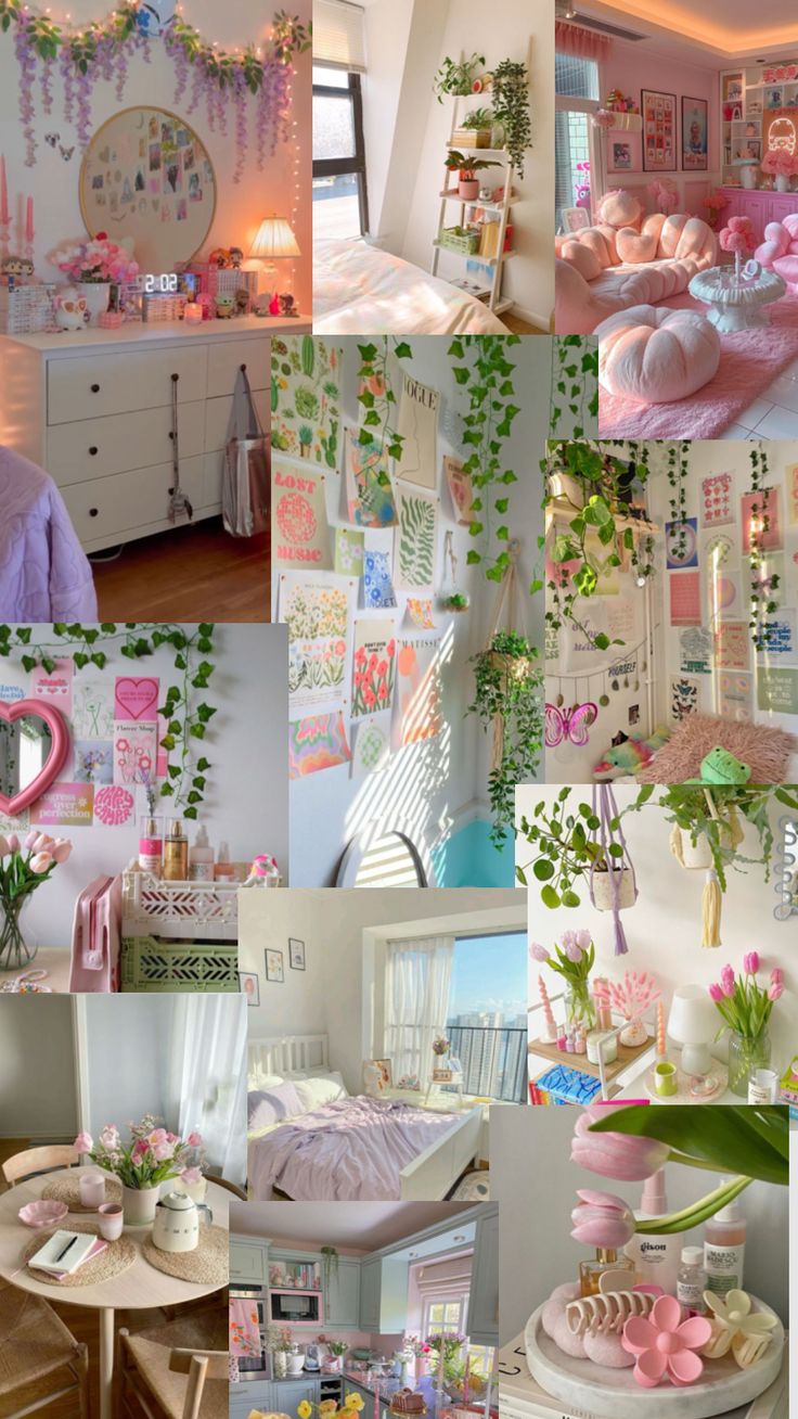 a collage of photos with pink and green decor on the walls, flowers in vases, baby's crib