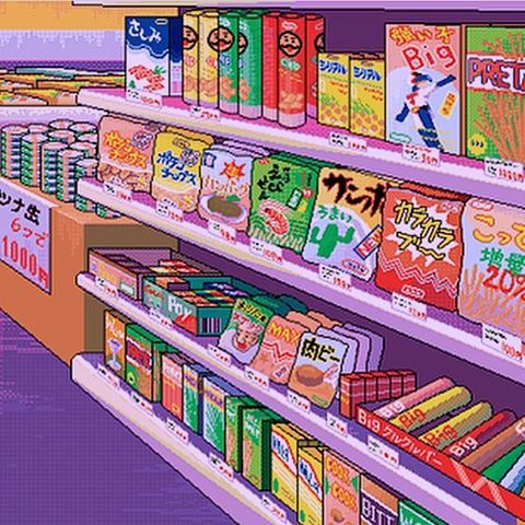 an image of a store filled with different types of food and drink items on shelves