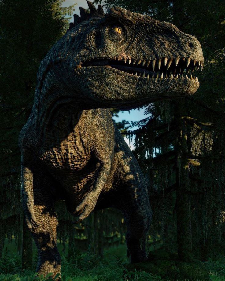 a large dinosaur standing in the middle of a forest