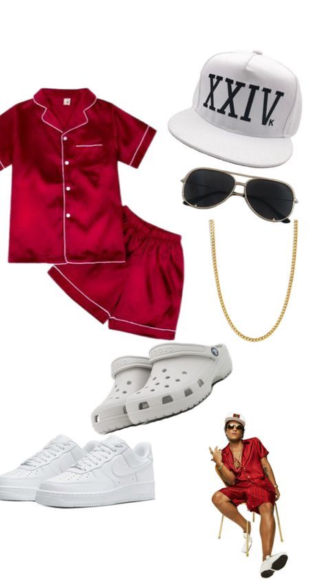 a woman in red outfit and white hat with sunglasses, tennis shoes, baseball cap and other items