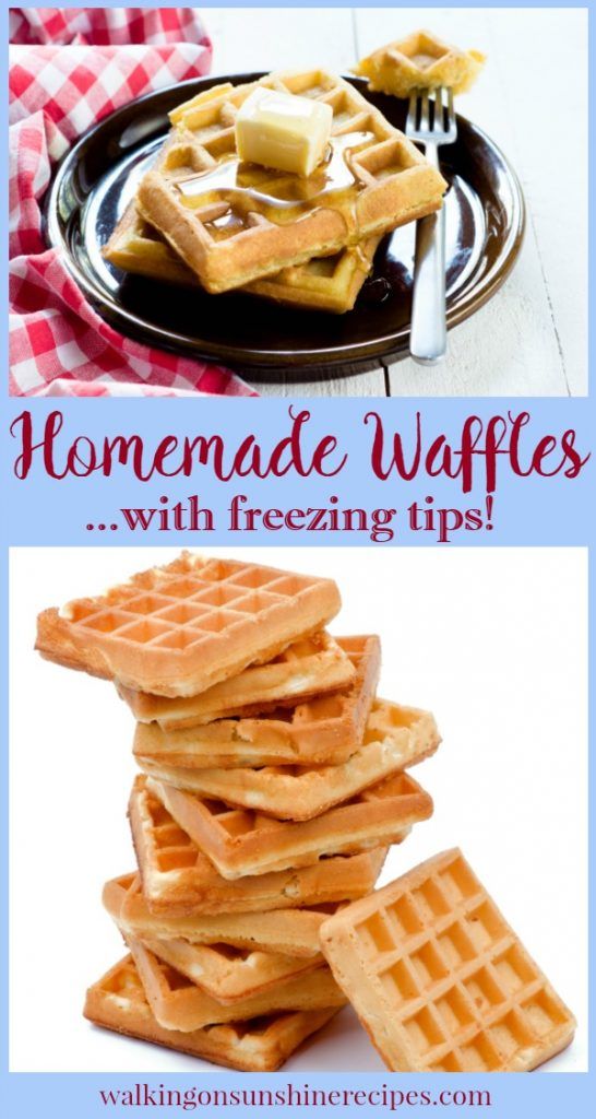 some waffles are stacked on top of each other and the words homemade waffles with freezing tips