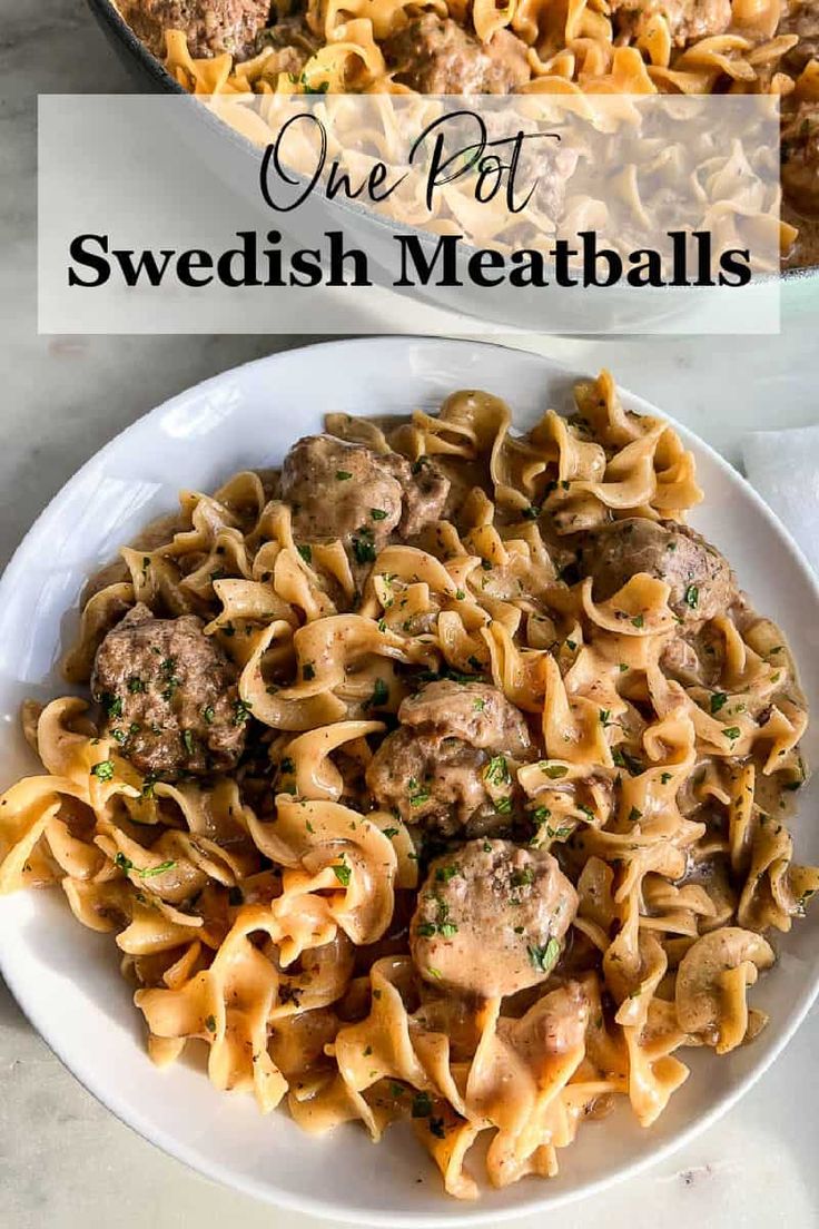 one pot swedish meatballs in a white bowl