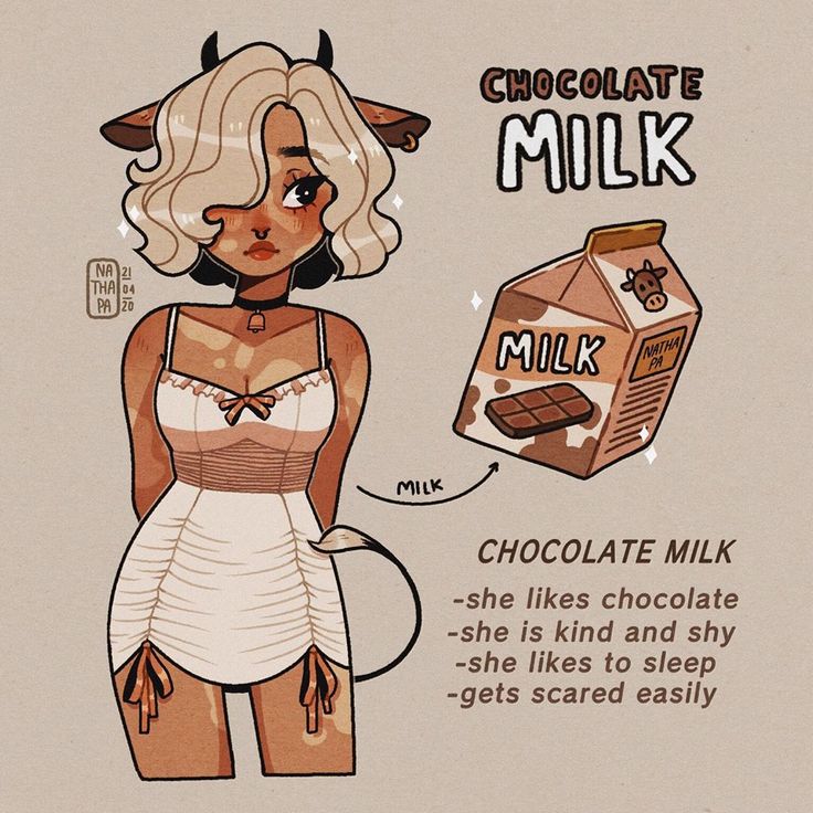 a drawing of a woman with chocolate milk in her hand and an empty carton of milk to the side