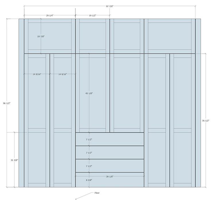 the front and back side of a cabinet with measurements for each section, including two doors