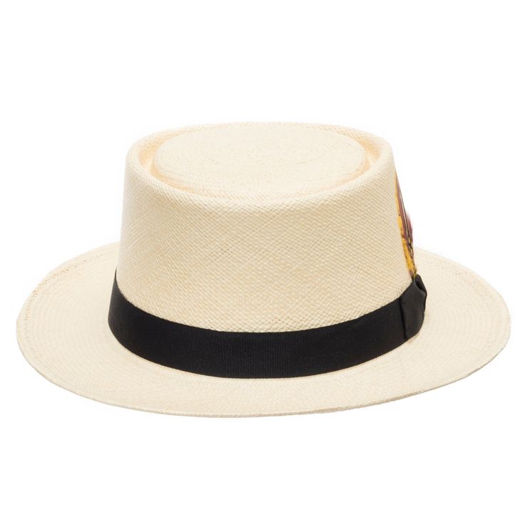 The Pork Pie Milan is beautifully hand-woven in 100% Toquilla straw. Lightweight and comfortable, this summer straw hat is diverse enough to wear at the golf course, to the beach, or just walking about. A classic style that has withstood the test of time. Extremely elegant with a red feather embellishment. This item is a genuine Panama Hat handwoven in Ecuador. Material: 100% Toquilla StrawBrim: 2 1/4"Crown: 4 1/4" telescopeHatband: 1 1/8" grosgrainClimate: Sun Handwoven in Ecuador. Hand-finishe White Toquilla Straw Hat Band For Summer, White Toquilla Straw Hat Bands For Summer, Casual Woven Straw Hat With Short Brim, White Fitted Toquilla Straw Sun Hat, Fitted White Toquilla Straw Sun Hat, White Toquilla Straw Panama Hat For Summer, White Toquilla Straw Hat Bands For Vacation, Woven Toquilla Straw Fedora With Short Brim, White Toquilla Straw Vacation Hat