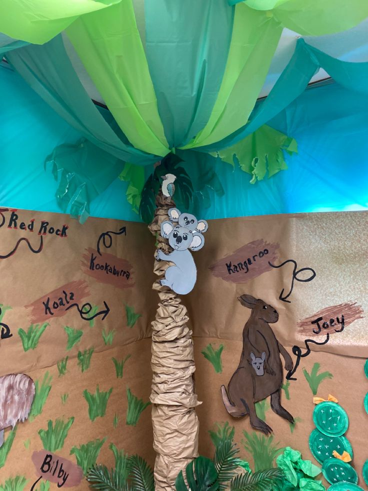 there is a paper palm tree with animals on it and other decorations around the base