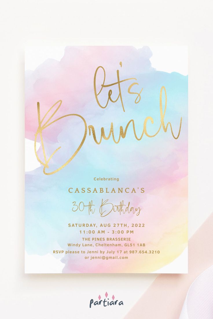 a watercolor brunch birthday party card with gold foil lettering on the front