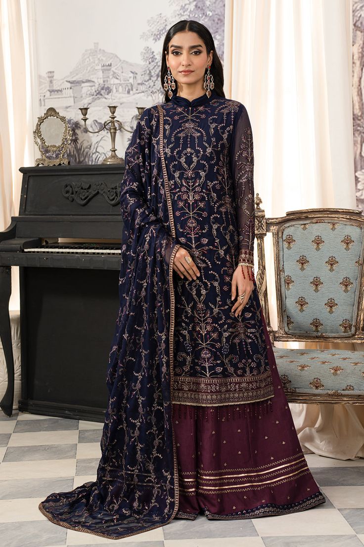 Royal Blue Embroidered Pakistani Wedding Dress kameez Gharara Sapphire Dresses Pakistani, Pakistani Gharara, Silk Gharara, Multi Dupatta, Dupatta Lace, Maroon Lace, Chiffon Sleeves, Pakistani Wedding Dress, Embroidered Sleeves