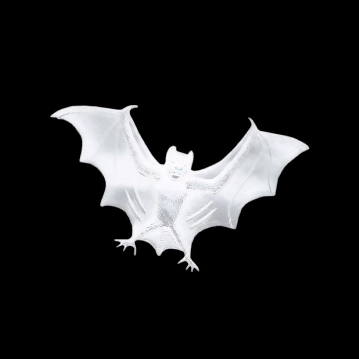 a white bat flying through the air on a black background