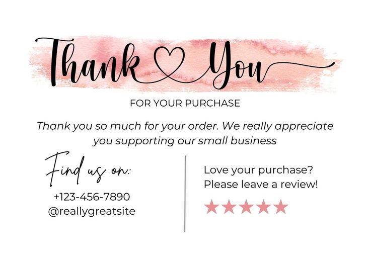 a thank card with the words thank you for your purchase