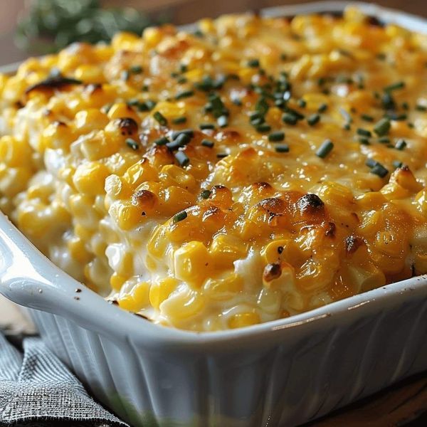 a casserole dish filled with macaroni and cheese, garnished with herbs