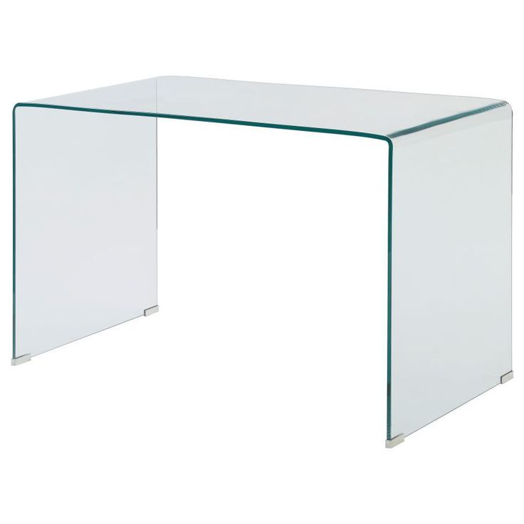 a glass desk with a metal base and clear plastic cover on the top, against a white background